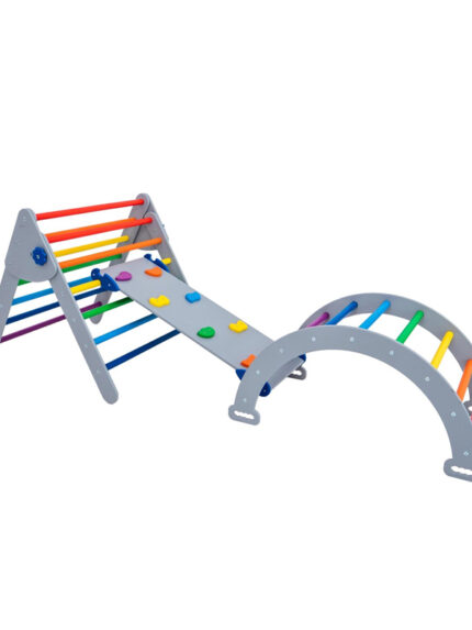 Houten klimrek 3-delig | Grijs/regenboog