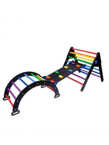 Houten klimrek 3-delig | Zwart/regenboog